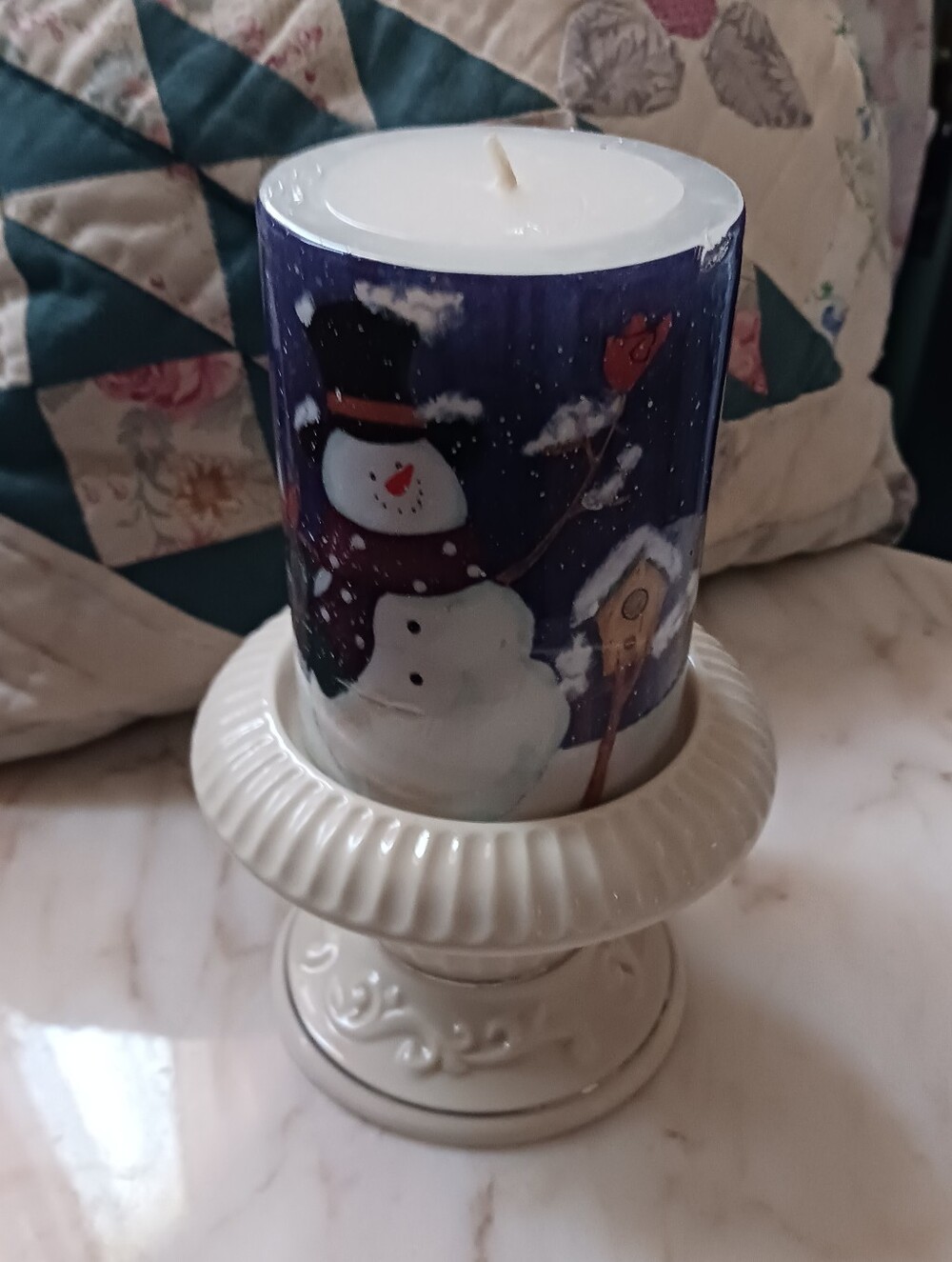 Vintage Lenox Pedestal Candle Holder, 2000 Porcelain With Snowman Candle